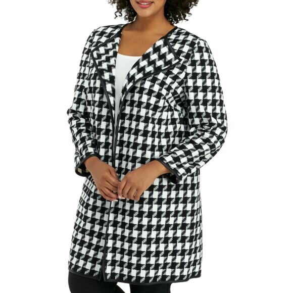 The Limited Womens Open Jacket Black White Houndstooth Sz 12 Faux Leather Trim - Picture 1 of 13